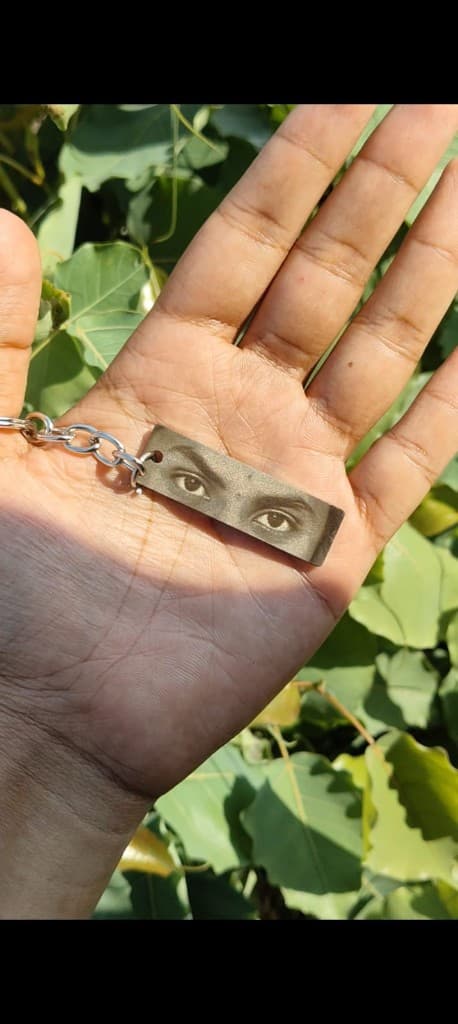Eye photo keychain close-up